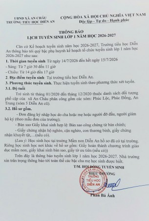 THÔNG BÁO LỊCH TUYỂN SINH LỚP 1 NĂM HỌC 23026 2027