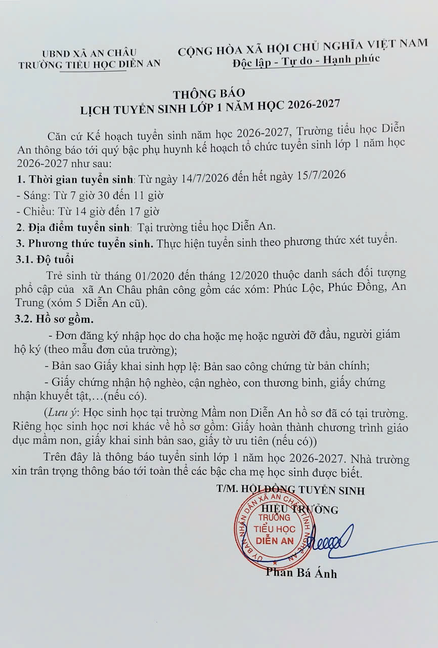 THÔNG BÁO LỊCH TUYỂN SINH LỚP 1 NĂM HỌC 23026 2027